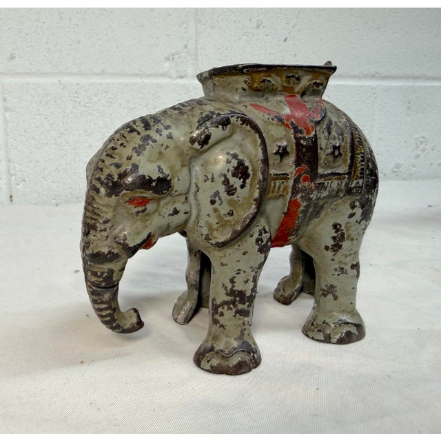 Figurative Rare Antique Early 1900 Hand Painted Cast Iron Circus Howdah Elephant Still Bank For Sale - Image 3 of 10