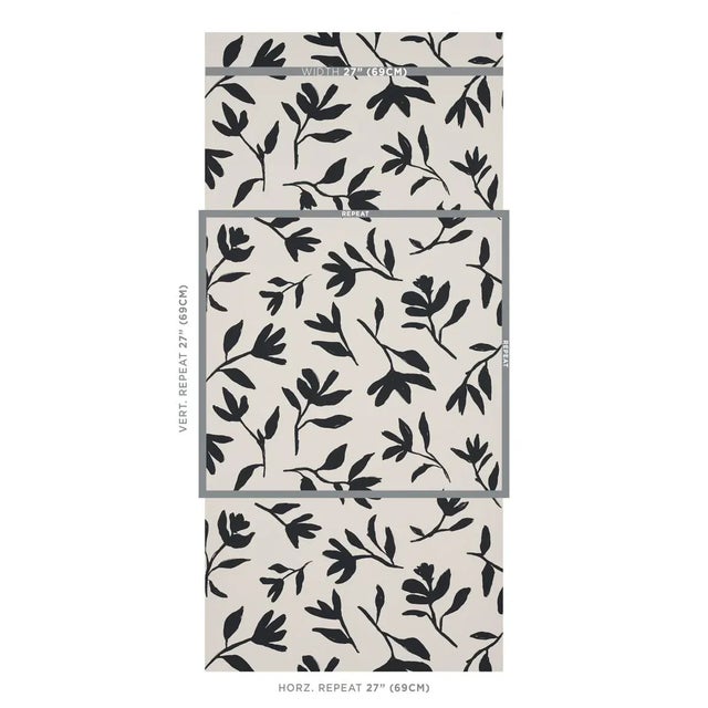 Laurel in black is a lovely loose botanical wallpaper design that features painterly, floating silhouettes of small leafy...