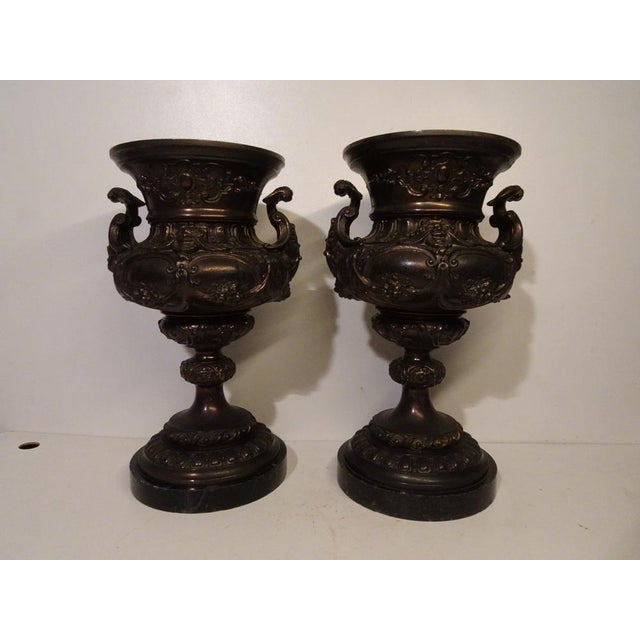 19th Century French Bronze & Cast Iron Medici Vases on Marble Bases, 1980s, Set of 2 For Sale - Image 3 of 16