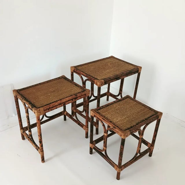 1980s Vintage Tortoise Bamboo and Wicker Nesting Table's Set of 3