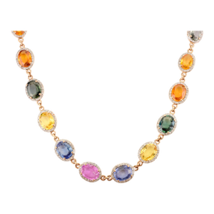 23.67 Ct Natural Multi Sapphire Halo Diamond Necklace in 18k Rose Gold