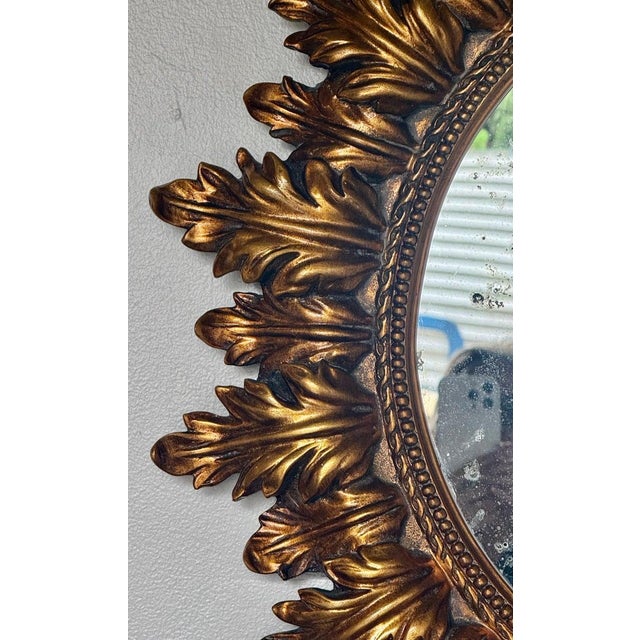 Hollywood Regency Mid-Century Giltwood Sunburst Mirror With Antiqued Mercury Glass For Sale - Image 3 of 6