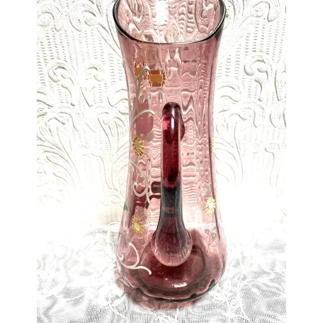 1900 - 1909 Antique Moser Hand Painted Floral Amethyst Glass Tall Pitcher For Sale - Image 5 of 11