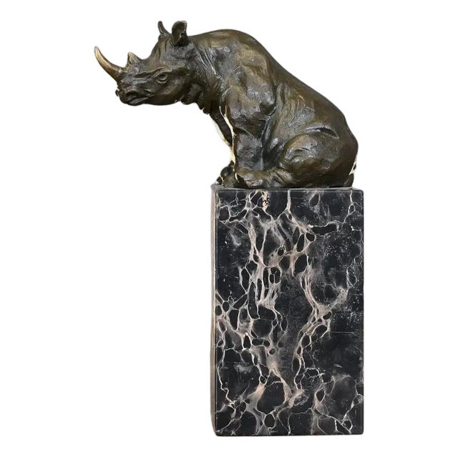 Rhinoceros Statuette in Antique Bronze on Marble Base in the style of Barye For Sale