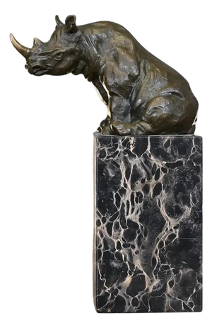 Rhinoceros Statuette in Antique Bronze on Marble Base in the style of Barye