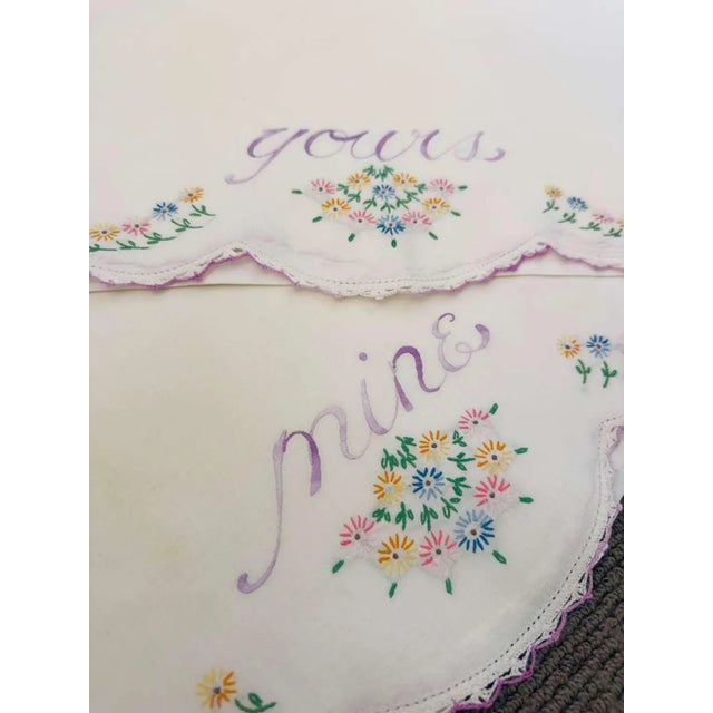 1950s Vintage 1950s Mine and Yours King Size Pillowcases, Hand Embroidered Bridal Linen, Hand Crocheted Scalloped Edge, Heirloom Cotton - a Pair For Sale - Image 5 of 8