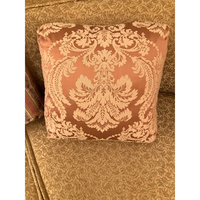 Set of 6 Vintage Custom Decorative Pillows Mauve/Lt Pink, Damask, Silk, 16x16x5” For Sale - Image 9 of 10
