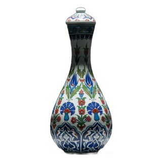 Handmade Ceramic “Nightingale” Surahi Jar (30cm) – Lidded Blue Carnation & Tulip Art For Sale