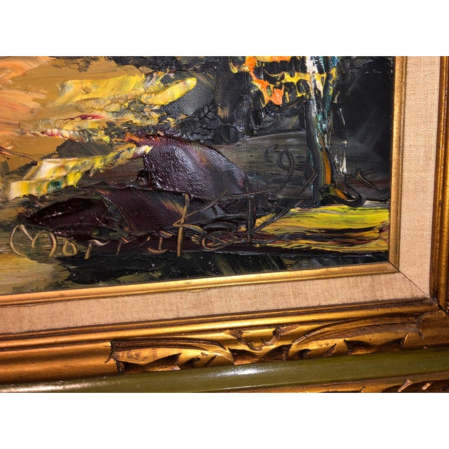 This original 1997 oil painting by Guinness World Record artist Morris Katz captures an expressive alpine mountain scene...