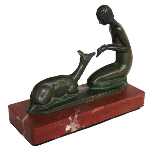 Bronze Antique Art Deco Bronze Sculpture "Woman Feeding Deer" on Red Marble Base 6.5"l X 5.5"h For Sale - Image 8 of 10