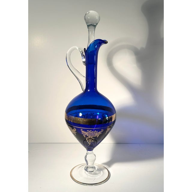 Art Nouveau Vintage Bohemian Cobalt Glass Decanter and Six Wine Glass Set For Sale - Image 3 of 11