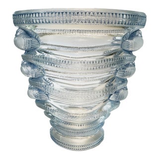 Lalique Signed 1930s René Lalique Blue Glass Vase For Sale