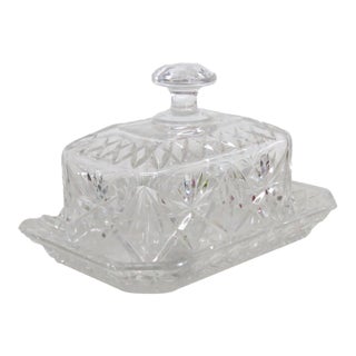 1940s Crystal Butter Dish Clear Cut Glass Lidded Serving Plate For Sale