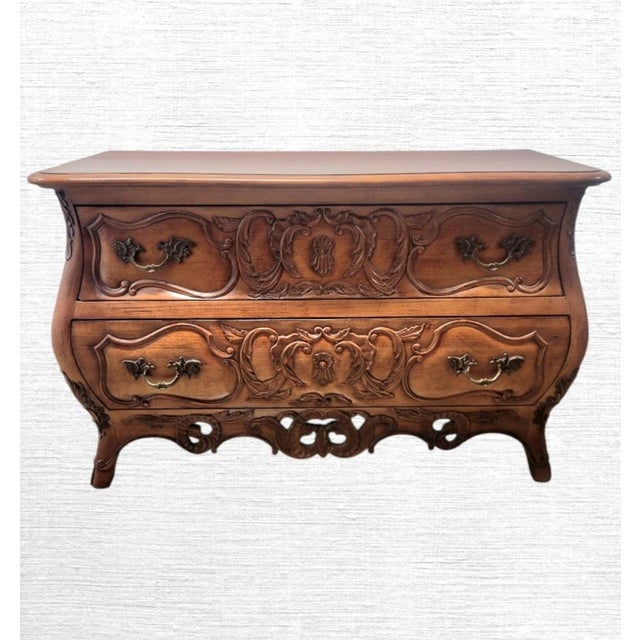 Vintage Century Oversized Solid Wood 2 Drawer French Provincial Rococo Carved Bombe Chests Commode- A Pair For Sale - Image 11 of 18