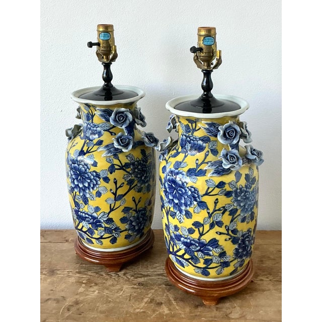 Wood Vintage Boho Blue Rose Glazed Ceramic Vase Lamps - A Pair For Sale - Image 7 of 12