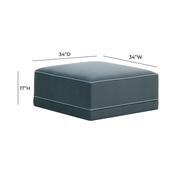 Boho Chic Willow Misty Blue with Pale Blue Piping Performance Velvet Ottoman For Sale - Image 3 of 4
