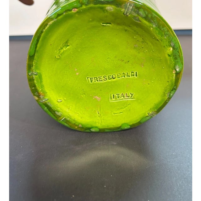 Mid-Century Modern Vintage MCM Italian Chianti Green Glaze Tuscany Fresccobaldi Art Pottery Vase For Sale - Image 3 of 5