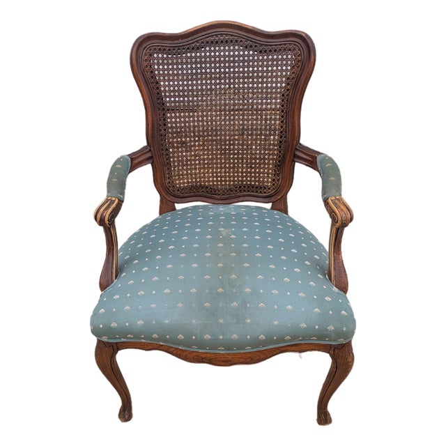 Vintage Victorian French Provincial Style Caned Back Arm Chair With Upholstered Seat For Sale