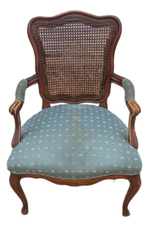 Vintage Victorian French Provincial Style Caned Back Arm Chair With Upholstered Seat