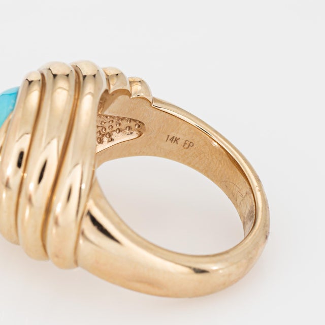 Metal Mid 20th Century Turquoise Swirl Ring Size 9 Estate 14k Rose Gold Cocktail Fine Jewelry For Sale - Image 7 of 7