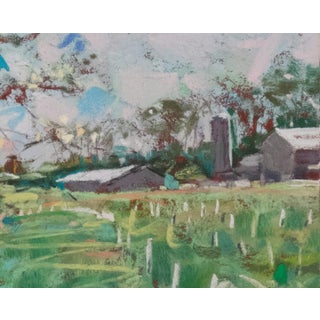 Hazlenut Field by Jeff Slemons | Gouache On Illustration Board Landscape with fields and buildings For Sale