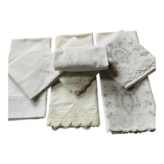 Set of 7 Antique Linen & Cotton Pillowcases With Lace Trim & Monogram — C. 1920s, Nantucket Estate For Sale