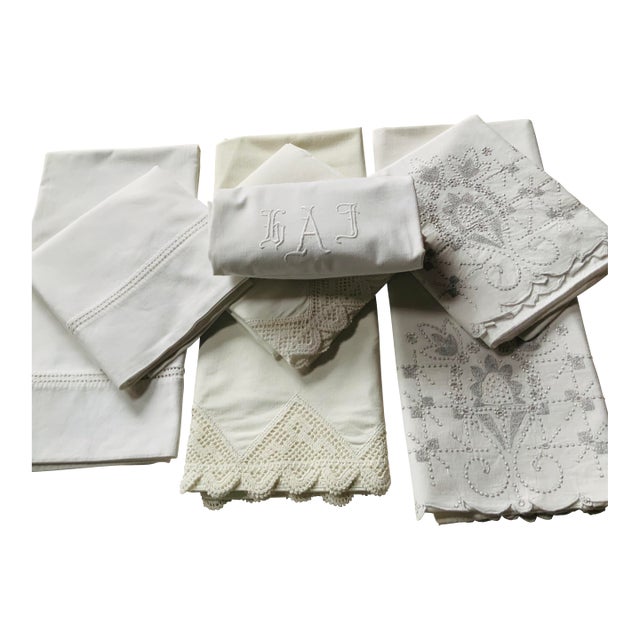 Set of 7 Antique Linen & Cotton Pillowcases With Lace Trim & Monogram — C. 1920s, Nantucket Estate For Sale