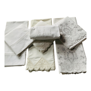 Set of 7 Antique Linen & Cotton Pillowcases With Lace Trim & Monogram — C. 1920s, Nantucket Estate