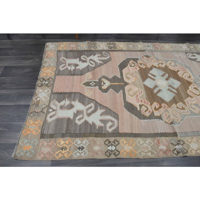 1970s Vintage Handmade Wool Cotton Brown Kilim Area Rug For Sale - Image 9 of 11