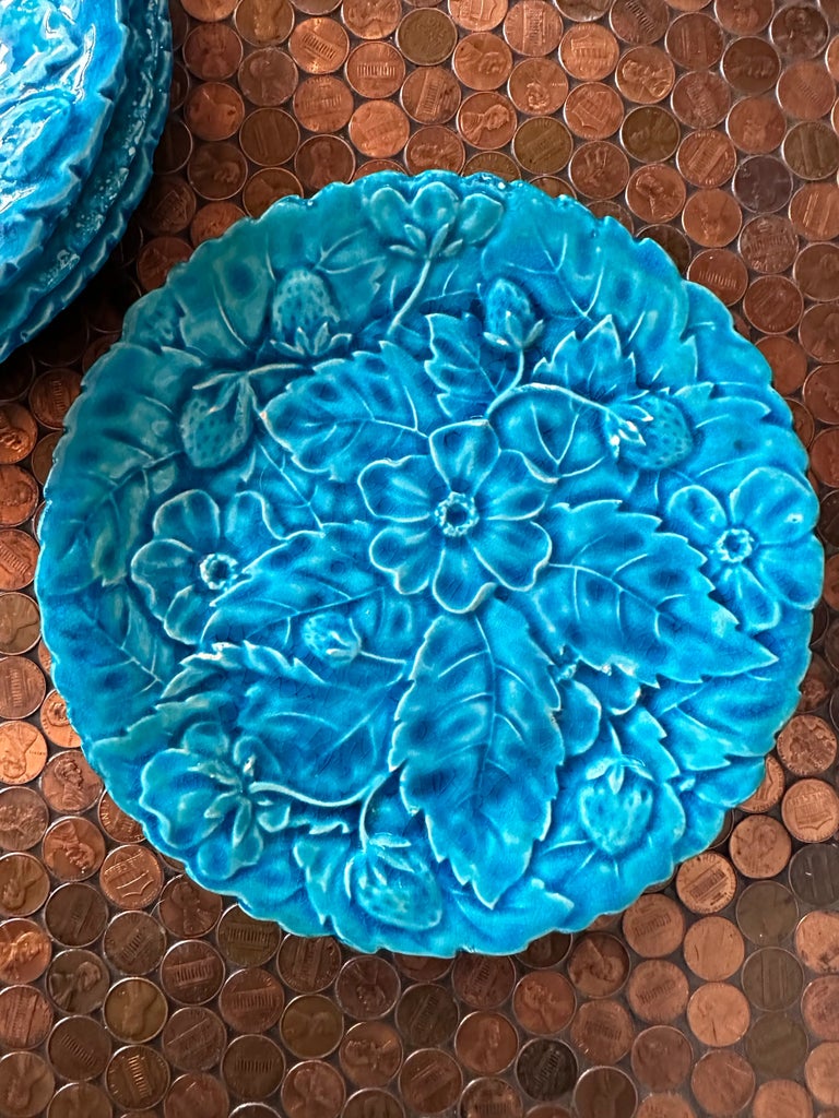 Antique French Turquoise Pv Majolica Texture Strawberry Plant