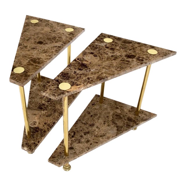 Pair Polished Brass Marble Trapezoid Two Tier Side End Tables Night Stands For Sale