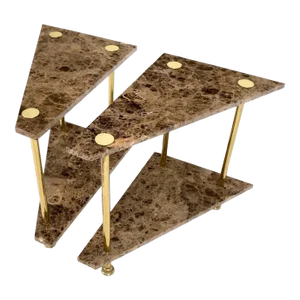 Pair Polished Brass Marble Trapezoid Two Tier Side End Tables Night Stands