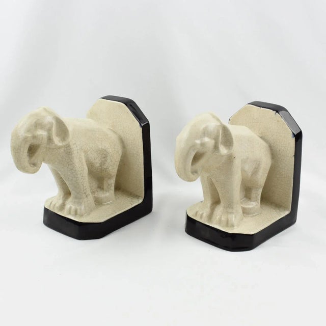 1920s French Art Deco Crackle Ceramic Elephant Sculpture Bookends by Le Moine For Sale - Image 5 of 13