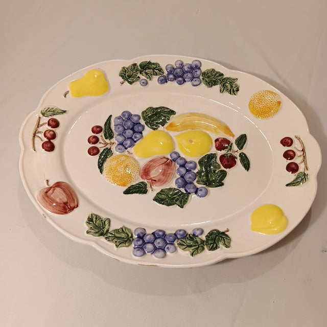 Mid 20th Century Large Vintage Oval Platter With Scalloped Edge and Raised Fruit and Vegetable Design Made in Usa For Sale - Image 5 of 12