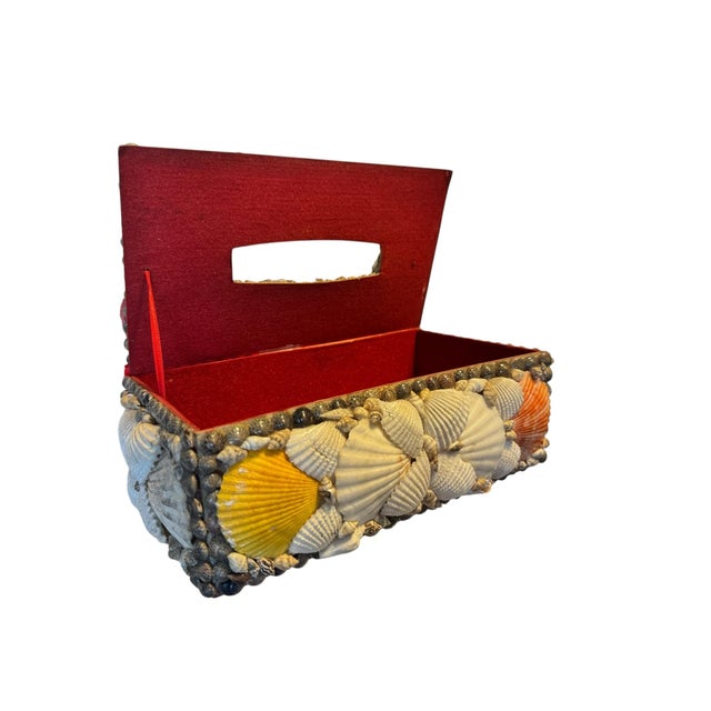 Vintage Handmade Seashell Encrusted Coastal Folk Art Tissue Box Cover With Red Velvet Lining For Sale - Image 4 of 8