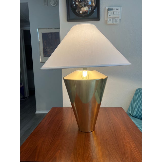 Brass Rare Pair Solid Brass Cone Cylinder v Shaped Table Lamps – Mid Century Modern 1970s New Shades Set of 2 For Sale - Image 8 of 11