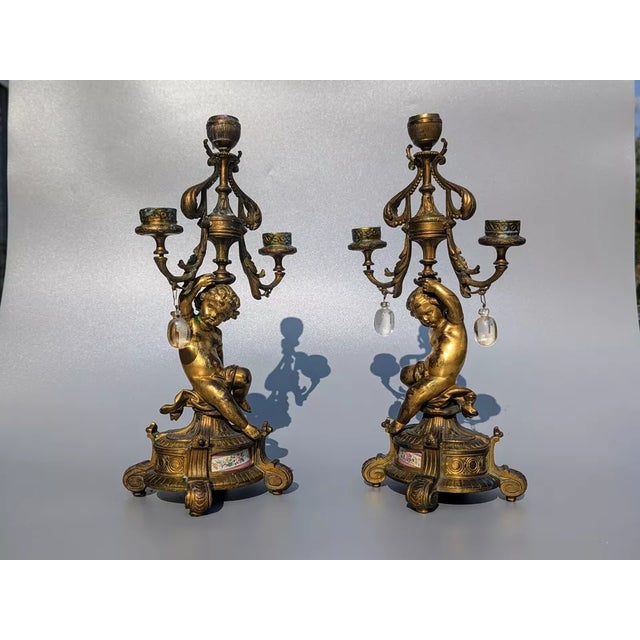 Stunning Pair c1880 French Antique Louis XVI style Gilt Bronze Figural Cherub/ Putti Candelabra. Highly detailed with pink...