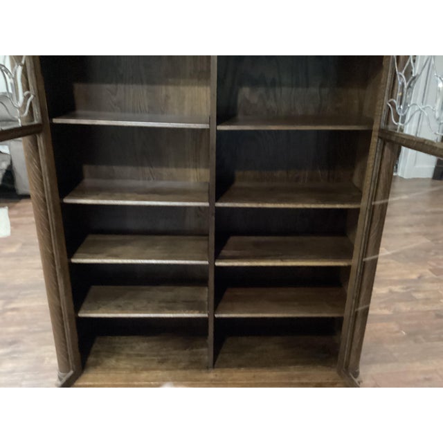 1920s Arts & Craft Antique Oak Bookcase Double Doors Lead-Glass Tulips Claw Feet on Rollers For Sale - Image 5 of 12