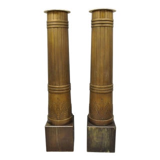 Antique Art Deco 75" Tall Wooden Pedestal Column Geometric Chevron Carved - Pair For Sale