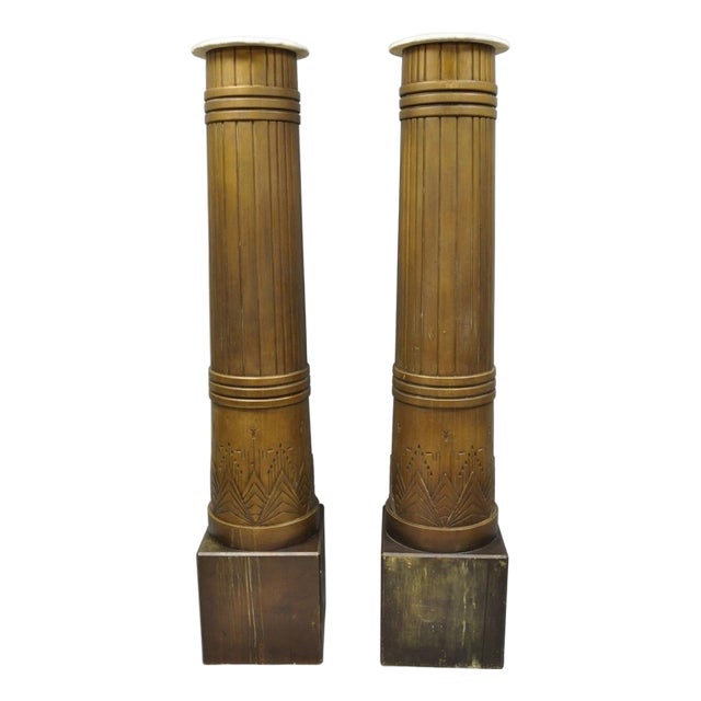 Antique Art Deco 75" Tall Wooden Pedestal Column Geometric Chevron Carved - Pair For Sale