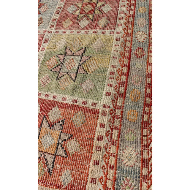 Textile Midcentury Geometric Checkerboard Embroidered Flat-Weave Kilim Rug With Stars For Sale - Image 7 of 9