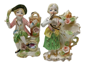 Vintage 1940s Tilso Hand Painted Old European Ceramic Sculptural Vases - a Pair (2)