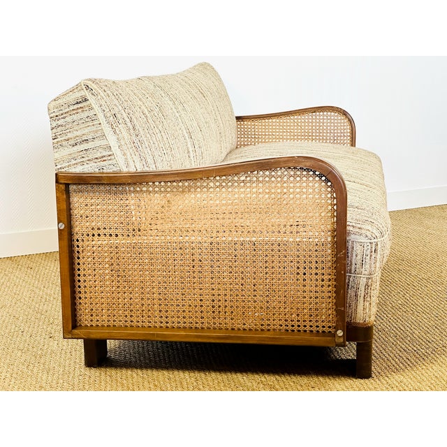 Art Deco Living Room Set in Curved Wood with Tweed and Cane, 1950s, Set of 3 For Sale - Image 14 of 18