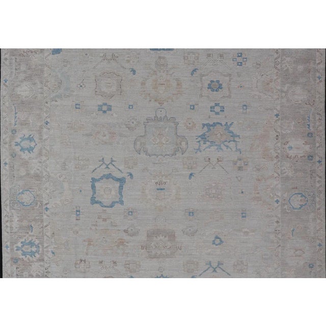Taupe Modern Tribal Oushak With Light Taupe Colored Border and Off White Background For Sale - Image 8 of 13