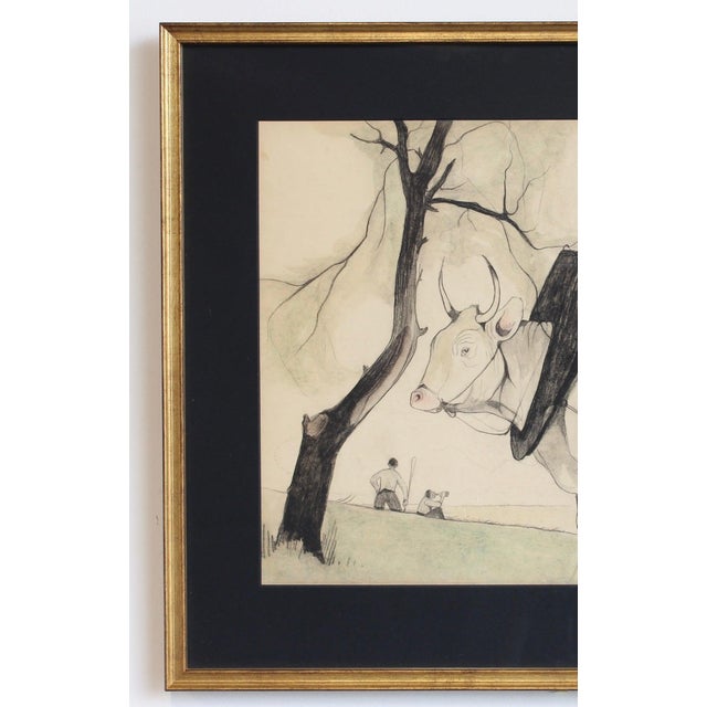 Germaine Hageman, Idyllic Landscape with Ox and Figures, 1940s, Pencil and Gouache on Paper, Framed For Sale - Image 3 of 17