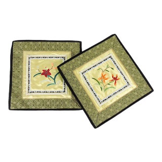 Vintage Embroidered Chinese Orange and Red Floral Silk Table or Lamp Mats - A Pair For Sale