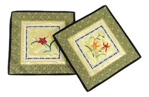 Vintage Embroidered Chinese Orange and Red Floral Silk Table or Lamp Mats - A Pair