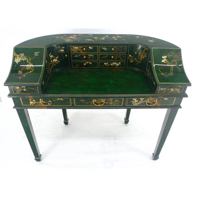 Emerald Green Lacquer Chinoiserie Desk Writing Table Console & Chair MINT For Sale - Image 15 of 18