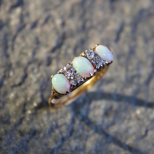 Cream 1900-1909 Edwardian 18k Gold Opal and Diamond Three-Stone Ring, Size 7 For Sale - Image 8 of 10