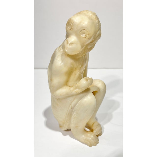 Late 20th Century Late 20th Century Pair Vintage Italian Alabaster Sculptures of Seated Macaques Monkeys For Sale - Image 5 of 8